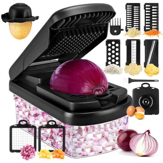 NEXGENICS Vegetable Chopper,12-in-1 Multifunctional Food Chopper,Professional Onion Chopper with 7 Blades,Vegetable Cutter with Container for Salad,Potato,Carrot,and Garlic; Essential Kitchen Tool(Grey)