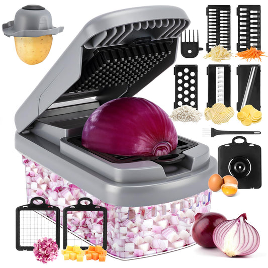 NEXGENICS Vegetable Chopper,12-in-1 Multifunctional Food Chopper,Professional Onion Chopper with 7 Blades,Vegetable Cutter with Container for Salad,Potato,Carrot,and Garlic; Essential Kitchen Tool(Grey)
